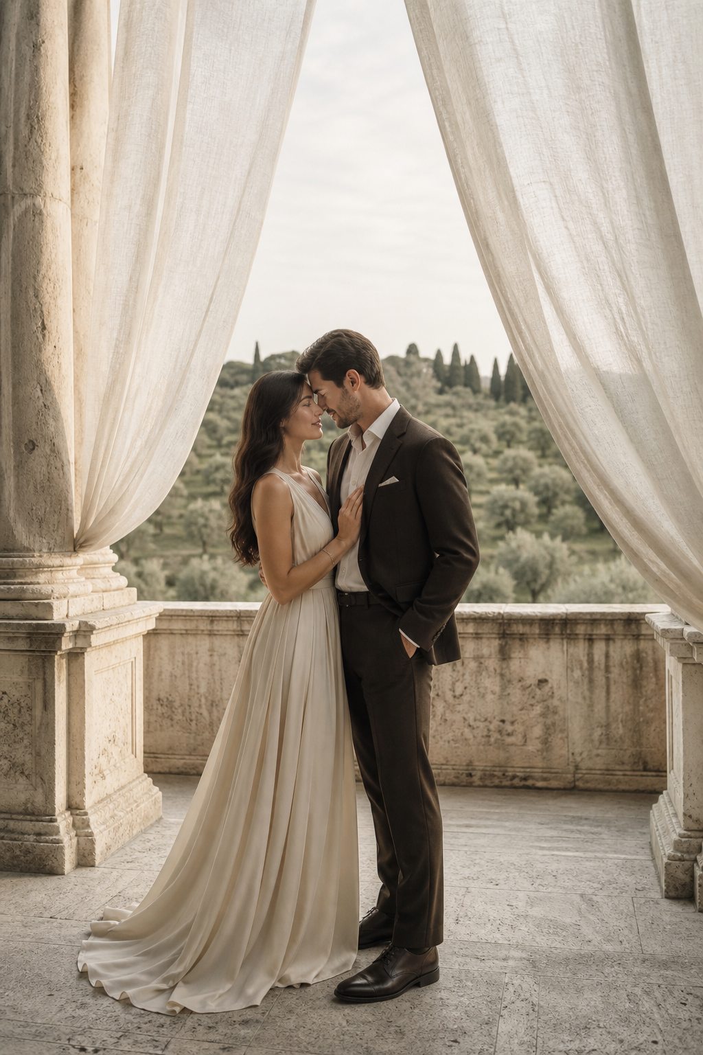 Couple embracing on a historic terrace
